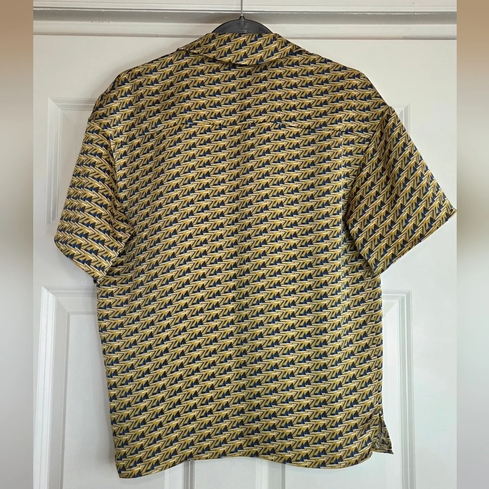 House of Harlow 1960 Gold & Blue Geometric Print Satin Blouse - Size XS